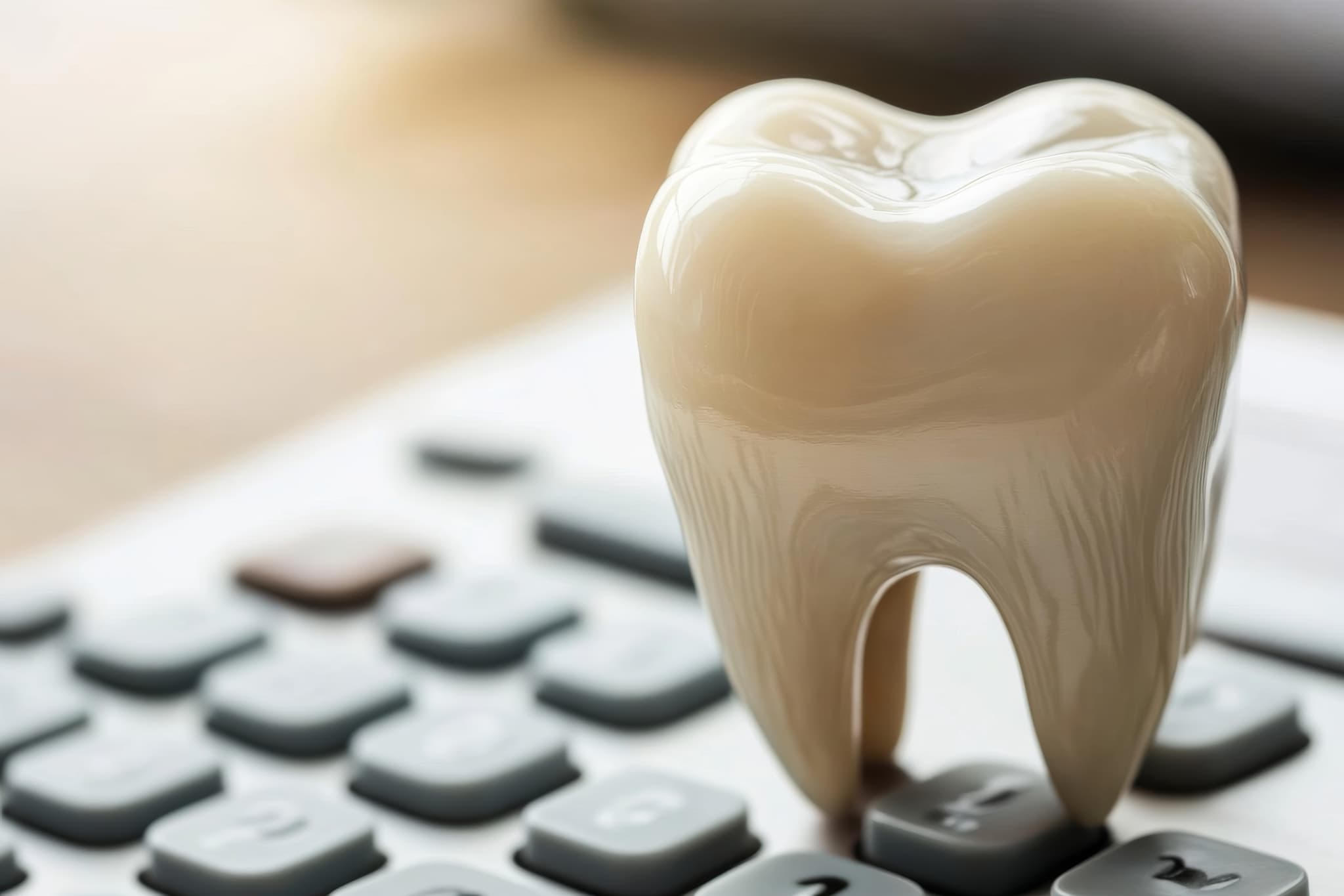 セラミックの歯と計算機で費用をあらわすイメージ