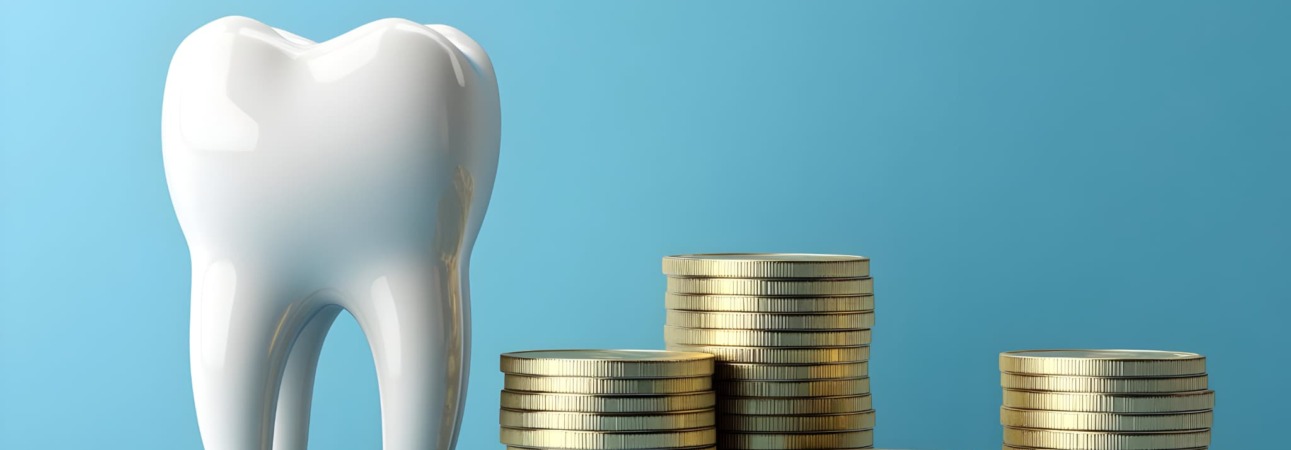 セラミックの歯と金貨で高額をあらわすイメージ