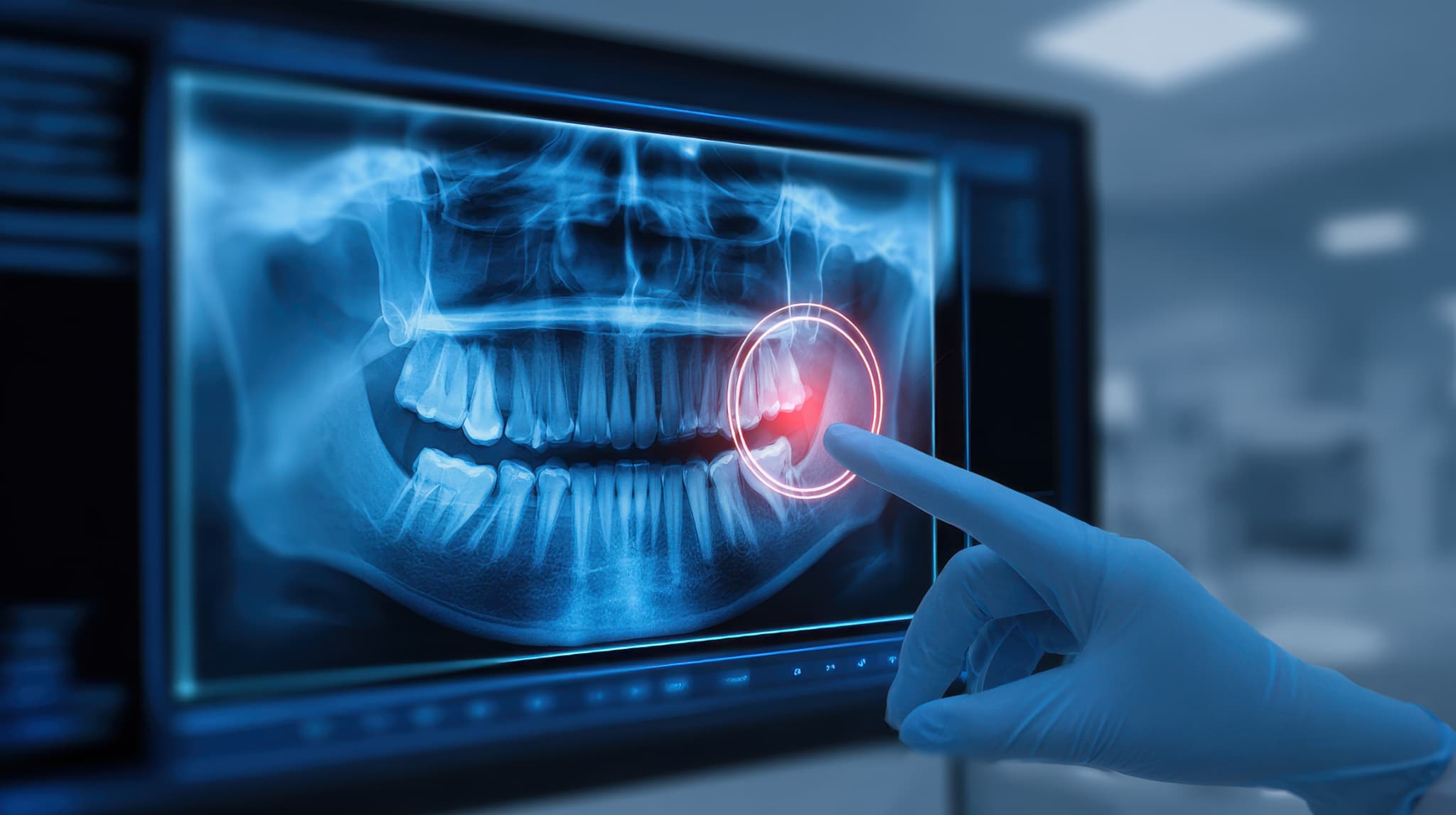 レントゲン画像を指し示して親知らずについて説明する歯科医