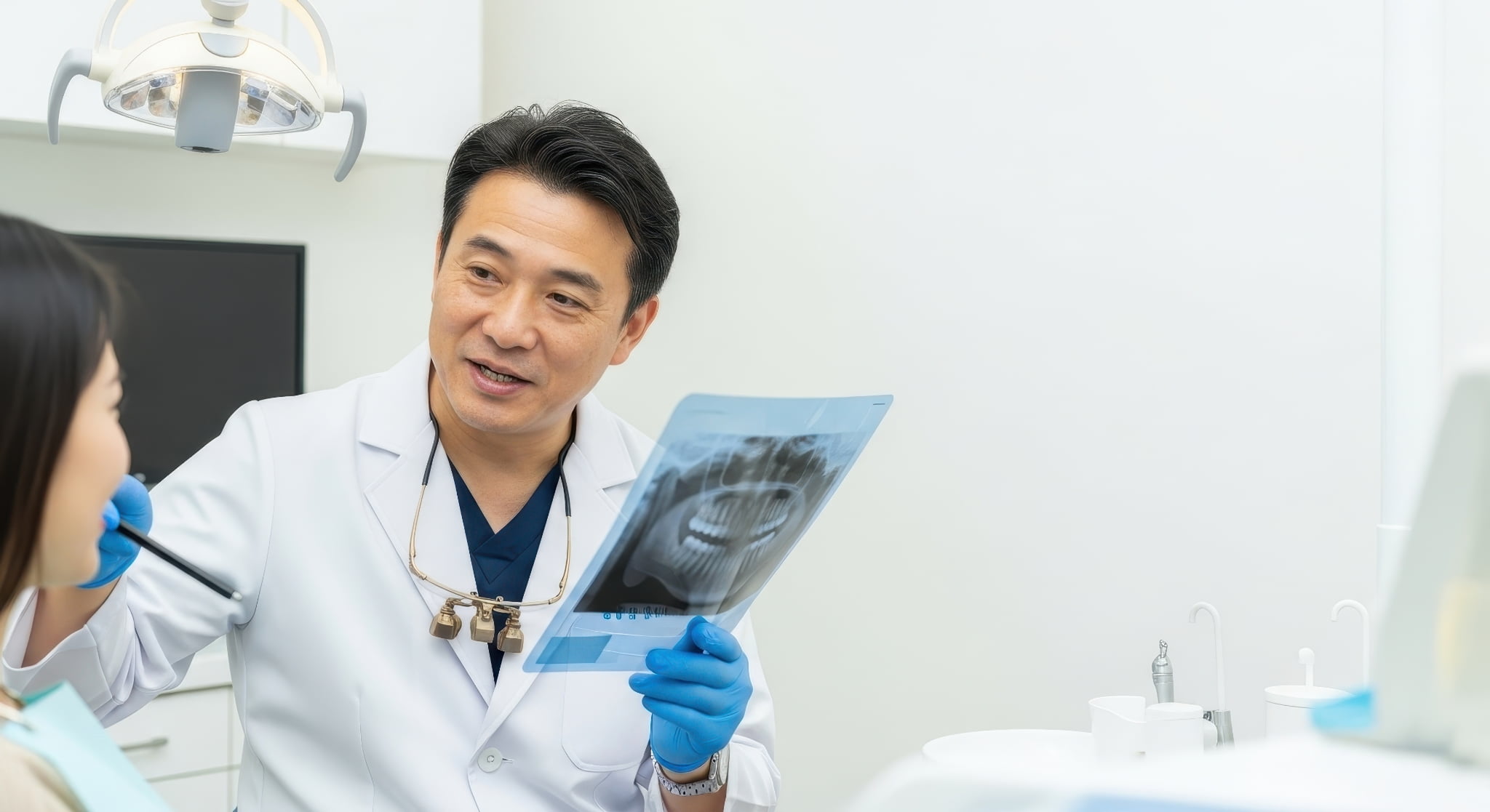 レントゲンを見ながら治療の説明をする歯科医師